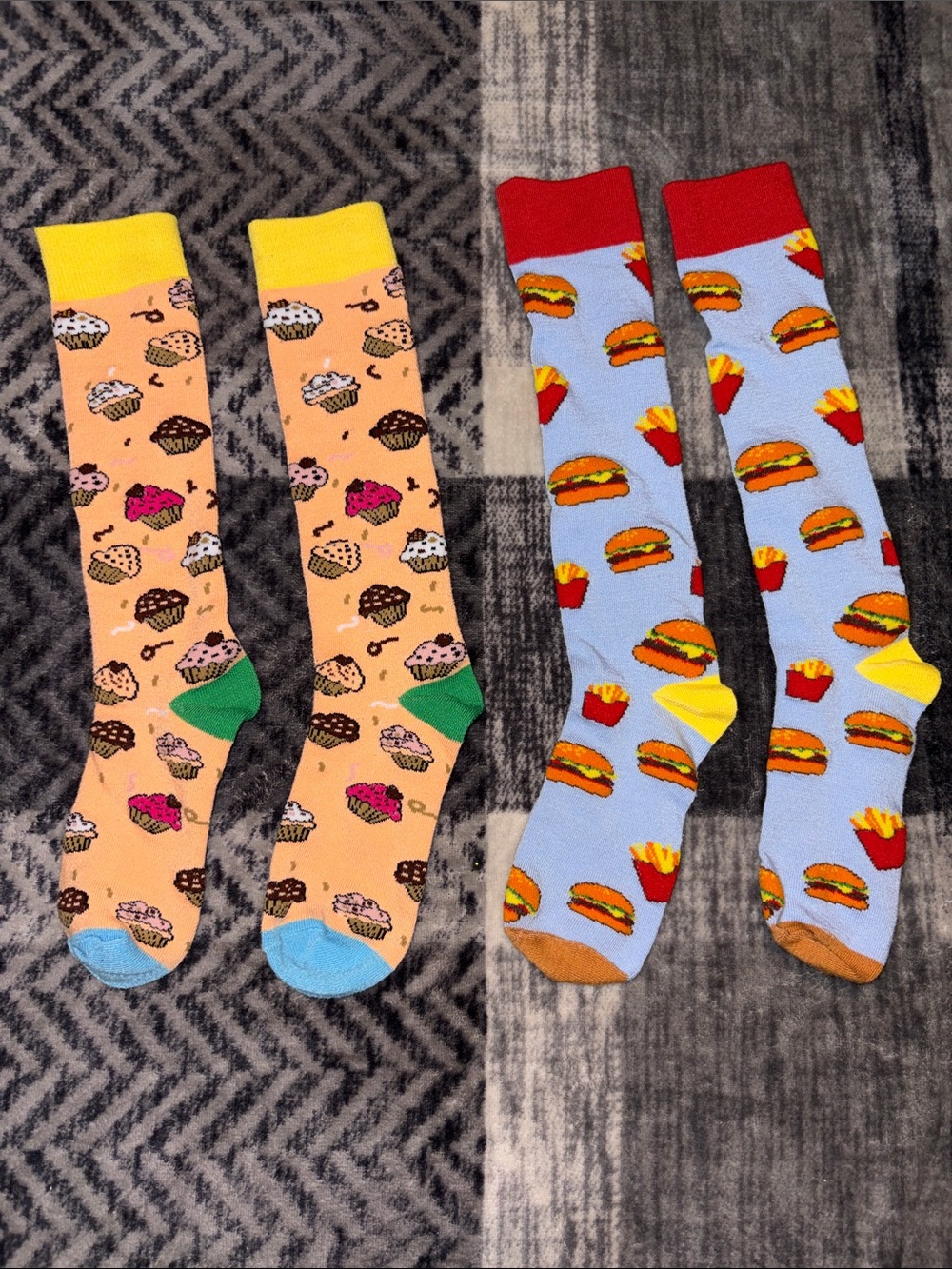 Kids Novelty Crew Socks in Peach Cupcake and Light Blue Burger Prints